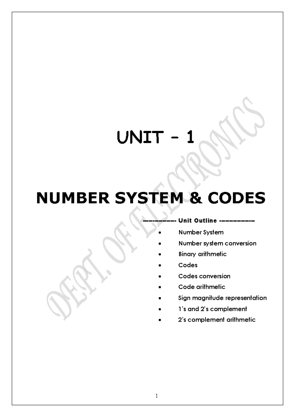 UNIT NO. 1 - UNIT – 1 NUMBER SYSTEM & CODES - Unit Outline - Number ...