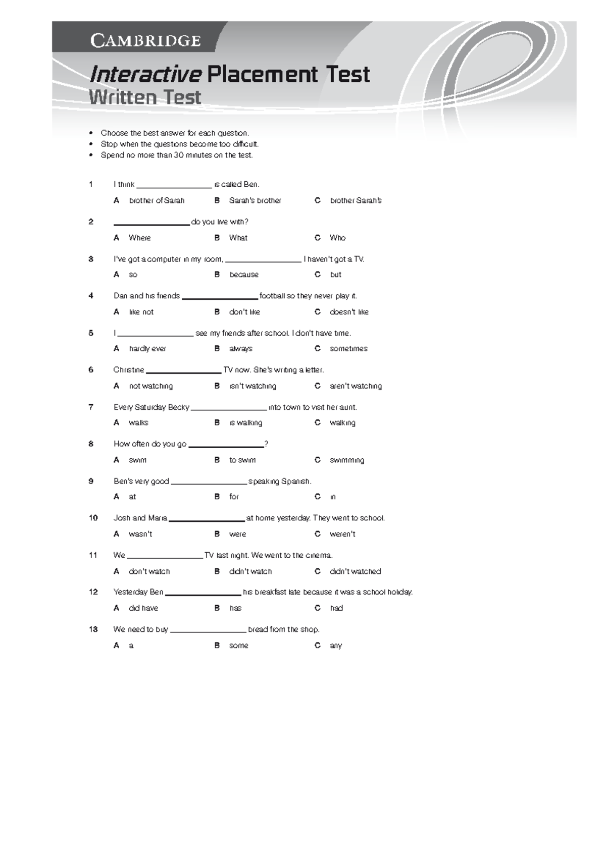 Interactive Placement Test: Written Test 1-3, 6-13 TPNFUJNFT - Studocu
