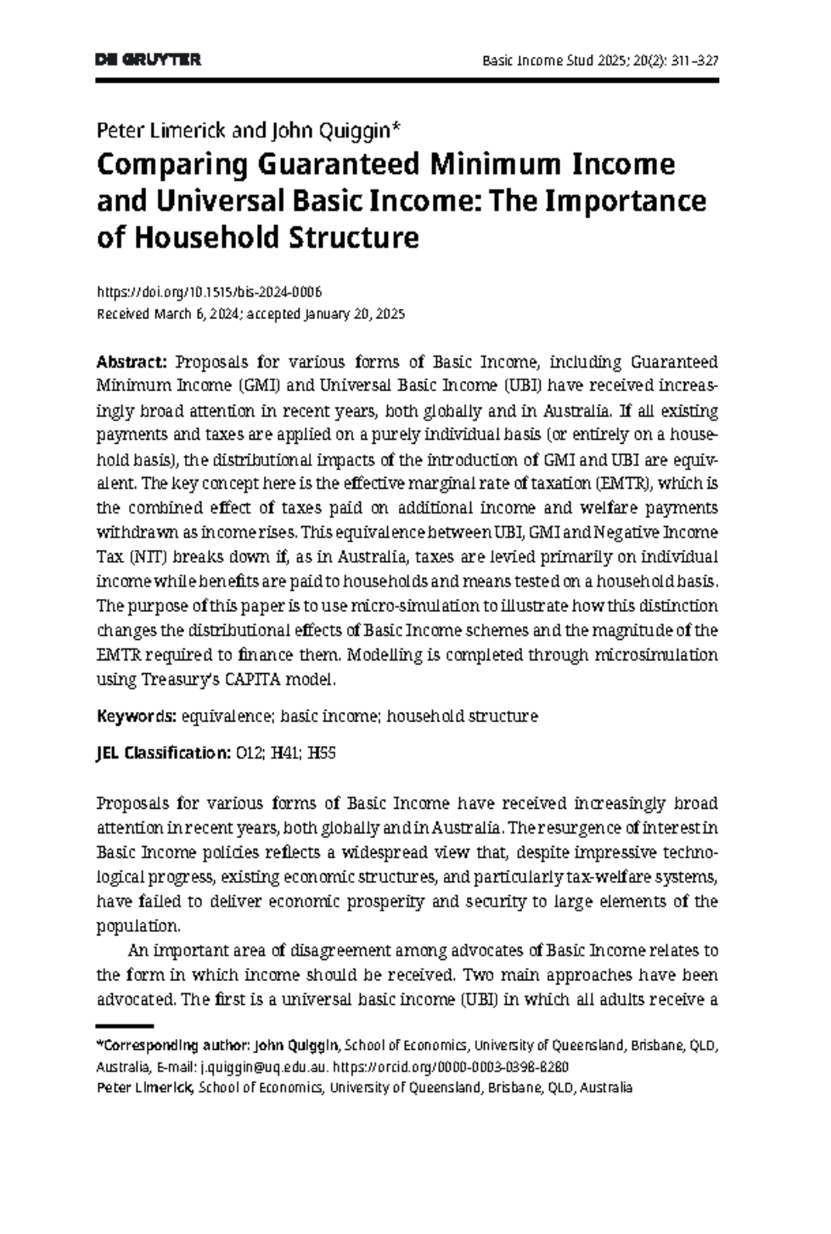 Basic Income Study 20(2): Comparing GMI and UBI Impacts on Households ...