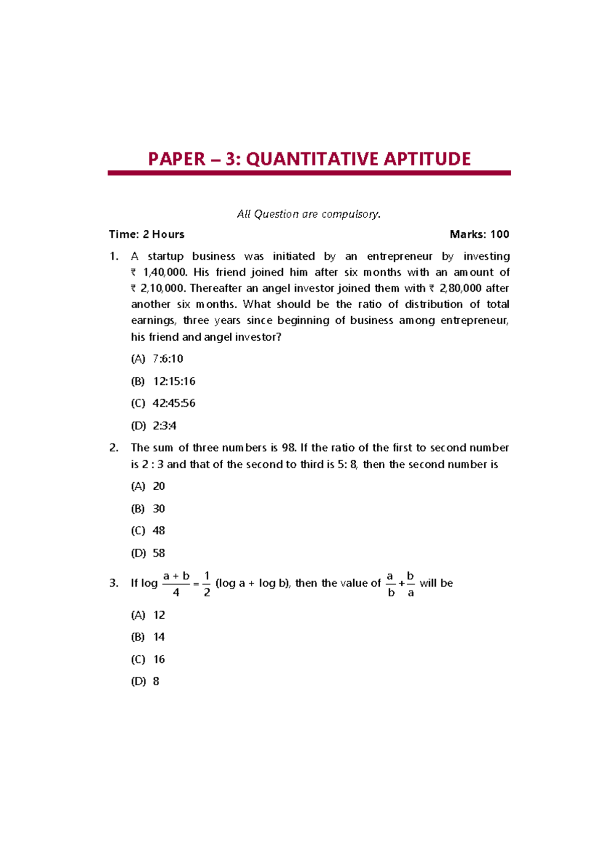 PAPER 3: QUANTITATIVE APTITUDE - CA Foundation Exam May 2025 - Studocu