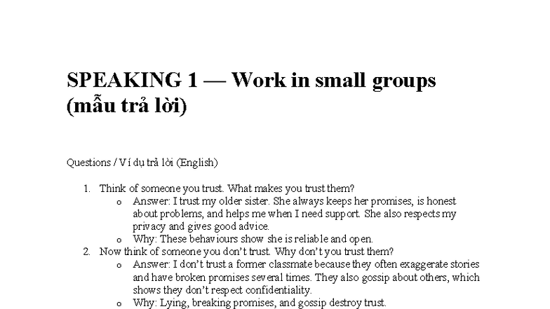 SPEAKING 1 — Group Work on Trust and Relationships - Studocu