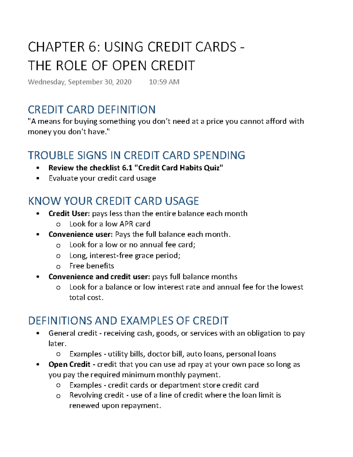 Chapter 6: Understanding Credit Cards and Open Credit Role - Studocu