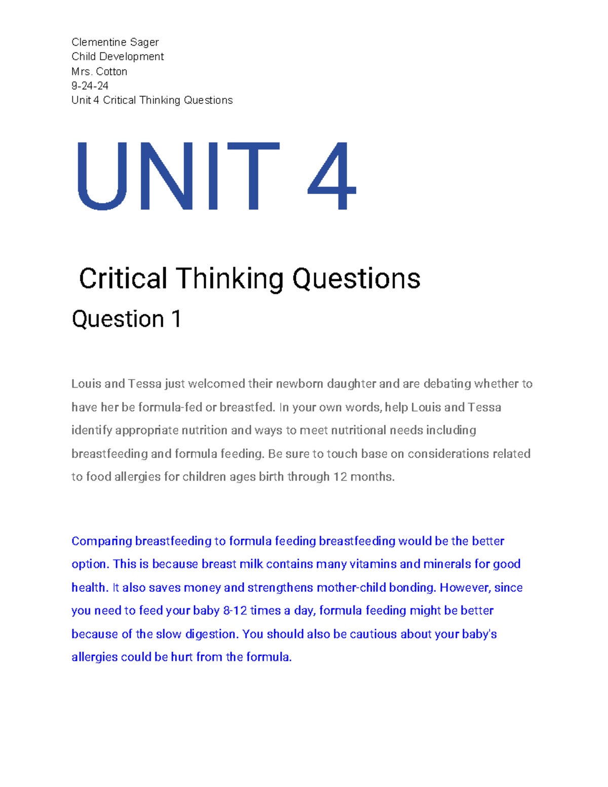 UNIT 4 Critical Thinking Questions - Child Development Mrs. Cotton 9-24 ...