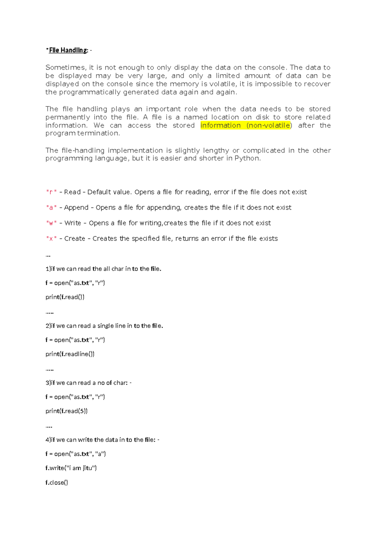 File Handling in Python: Lecture Notes on Data Storage - Studocu