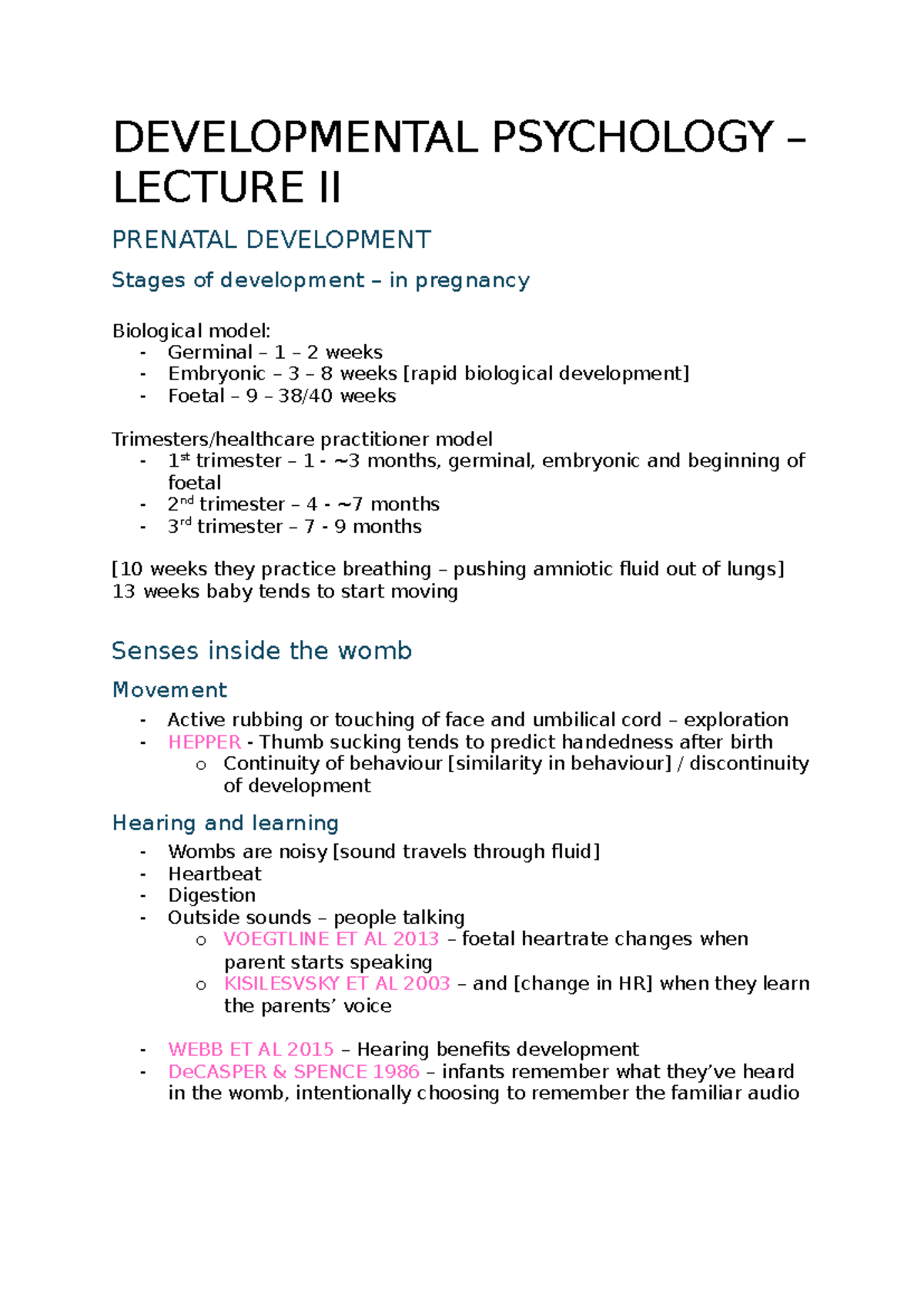 DEVELOPMENTAL PSYCHOLOGY LECTURE II: PRENATAL DEVELOPMENT - Studocu