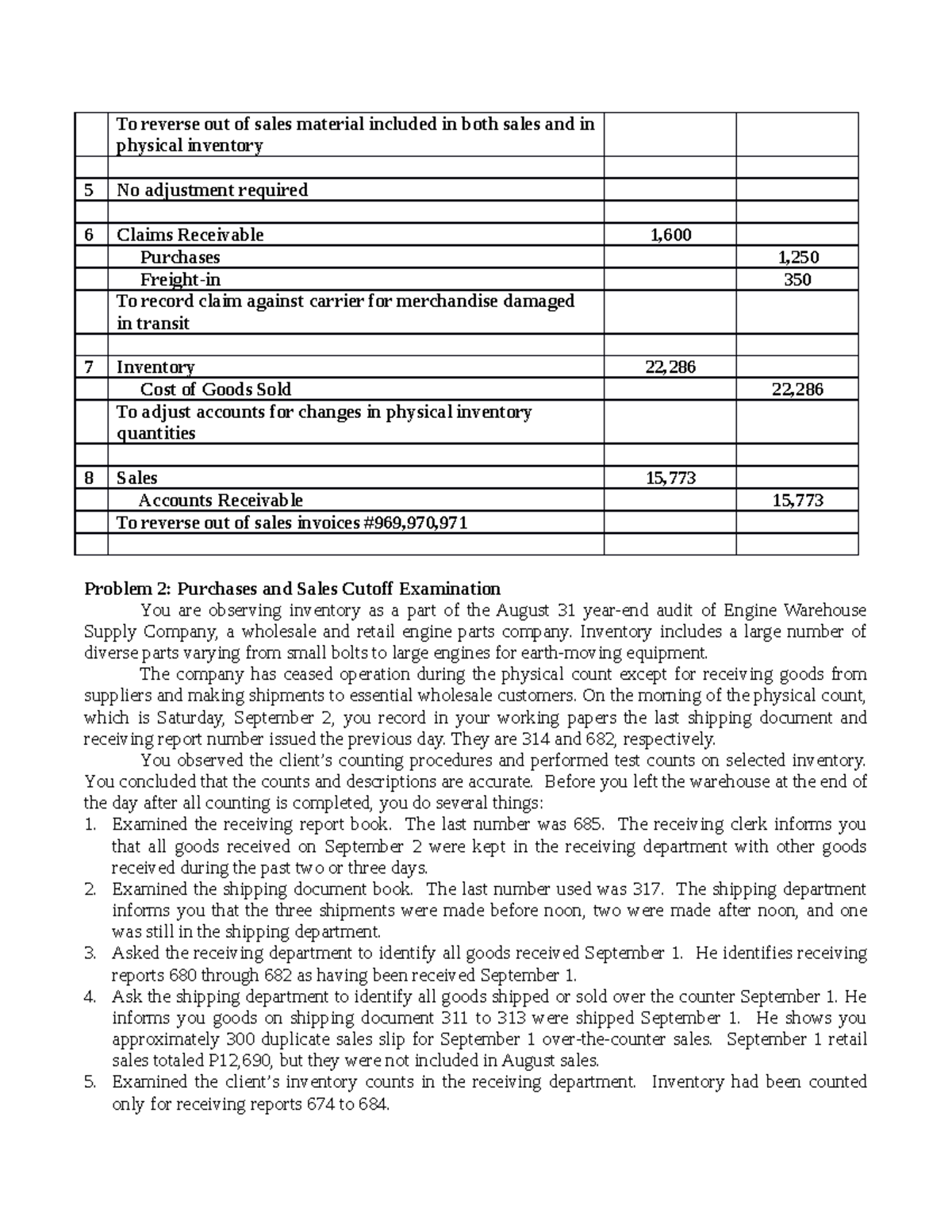 Purchases and sales cutoff examination for auditing problems (Prob 2 ...