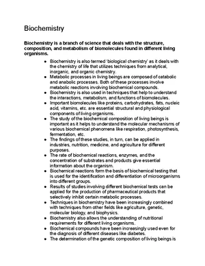 Biochemistry - Study Notes & Assignments - Studocu
