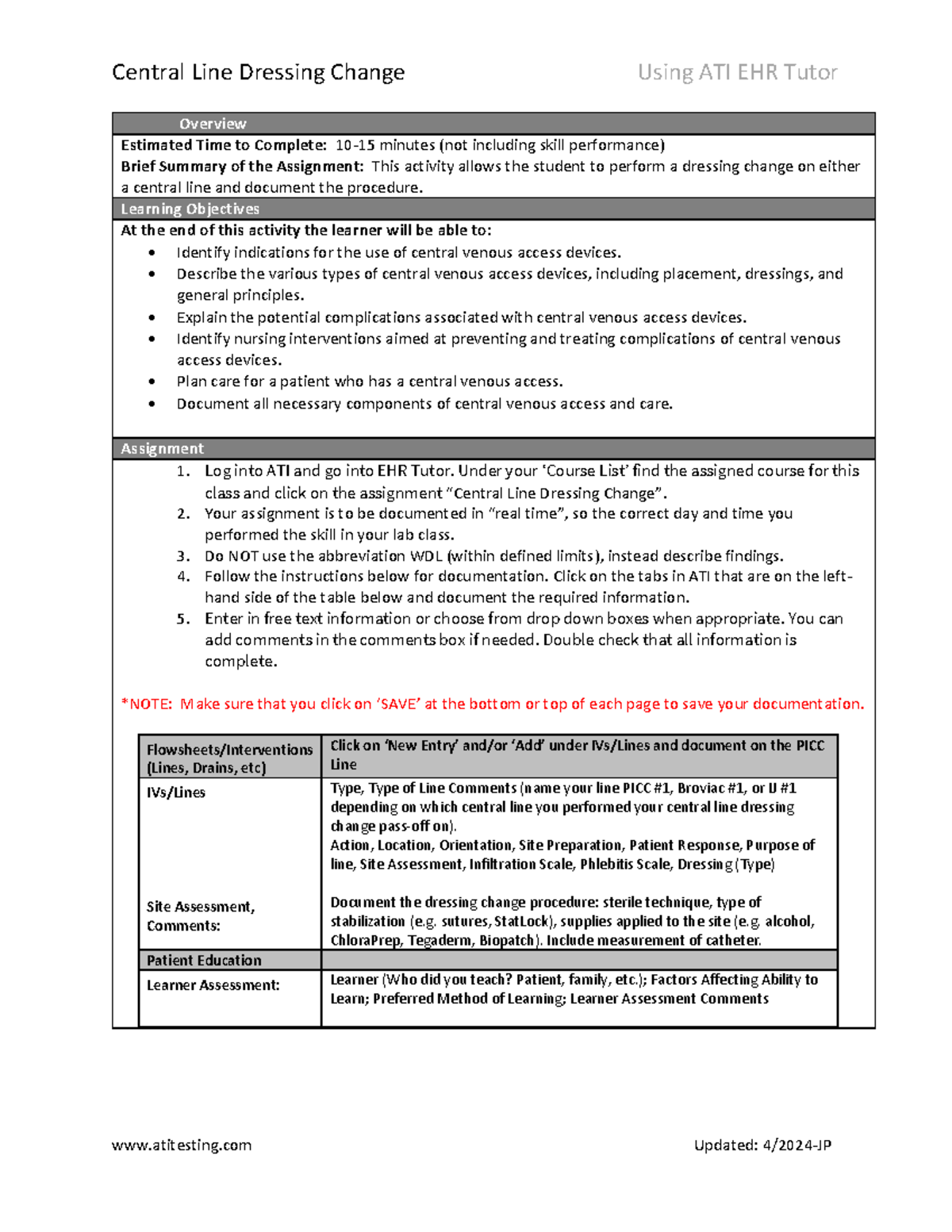 ATI EHR Central Line Dressing Change Overview and Guidelines
