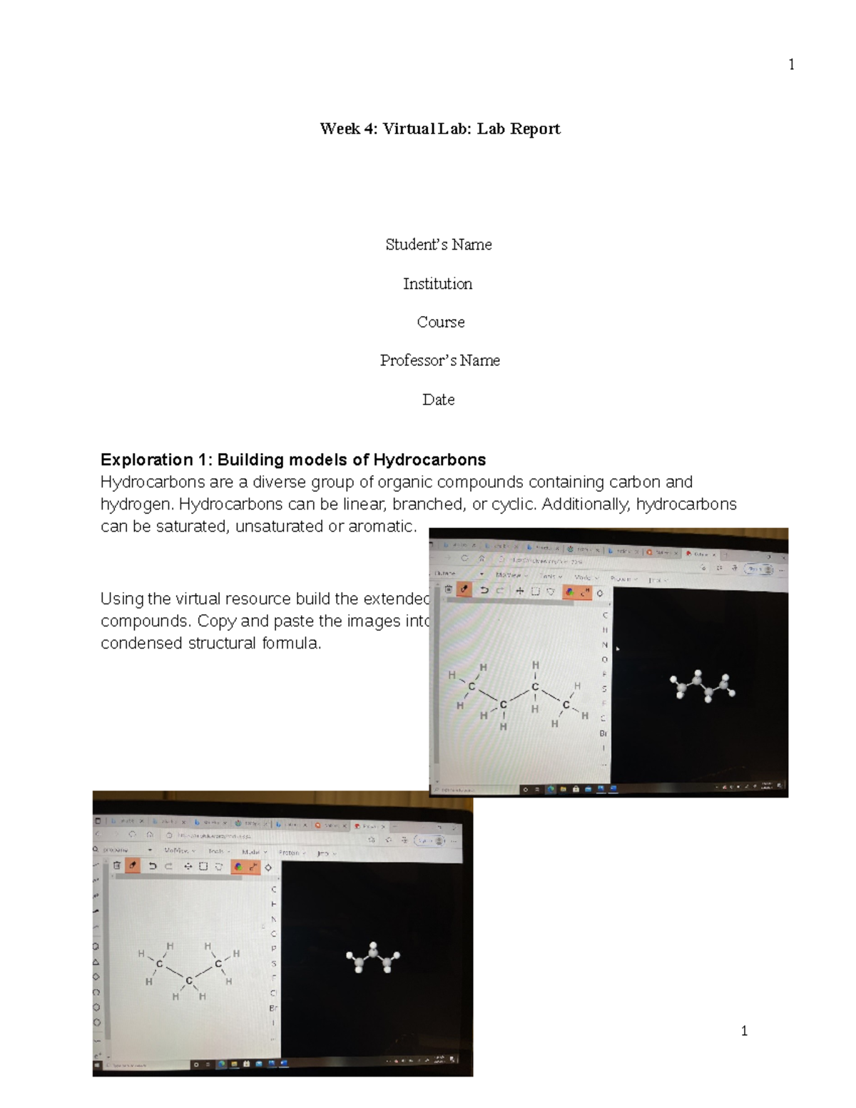 OL Lab 9 Organic Chemistry - 1 Week 4: Virtual Lab: Lab Report Student ...