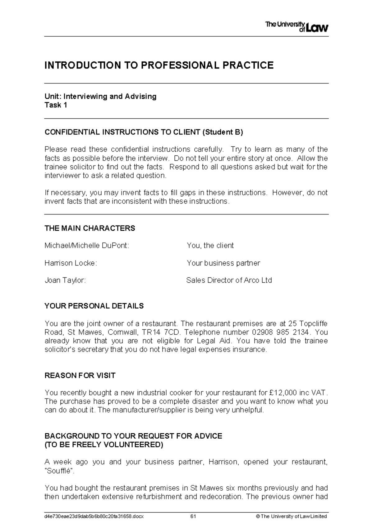 Interviewing and Advising Task 1B: Client Confidential Instructions ...