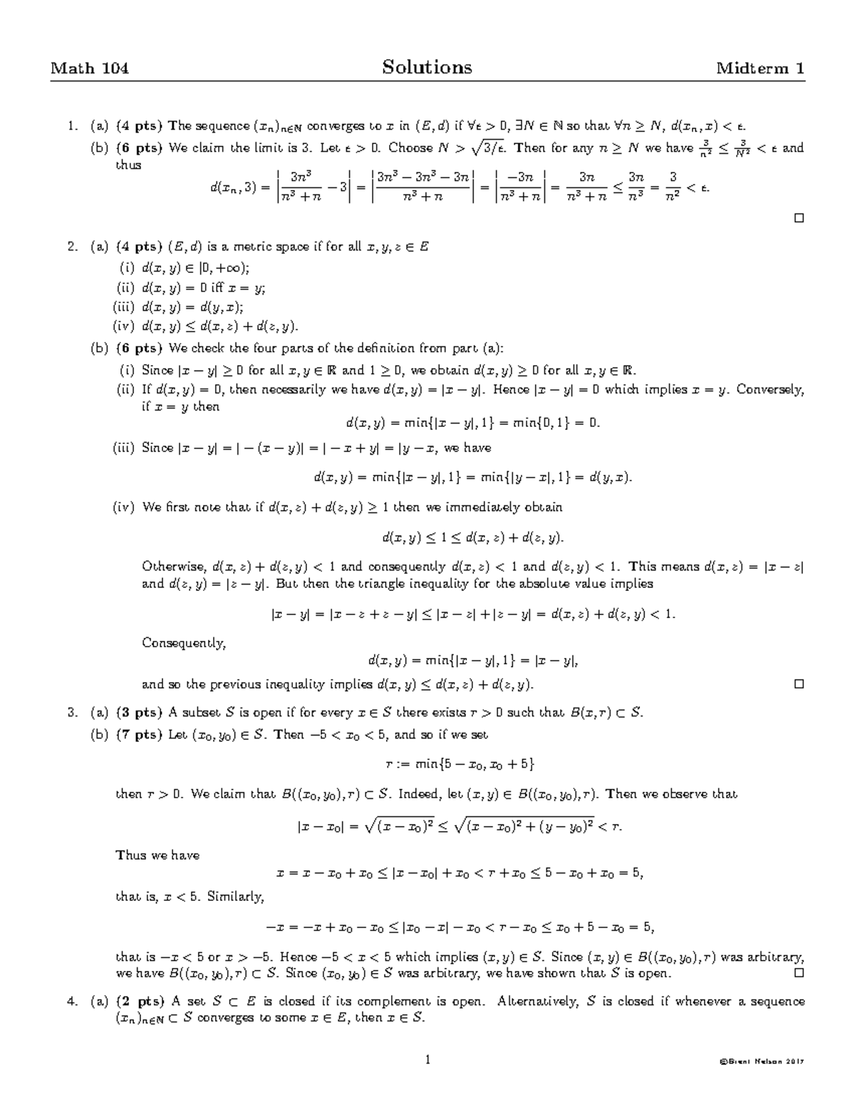 Math 104 Midterm 1 Solutions - Fall 2017 (Brent Nelson) - Studocu