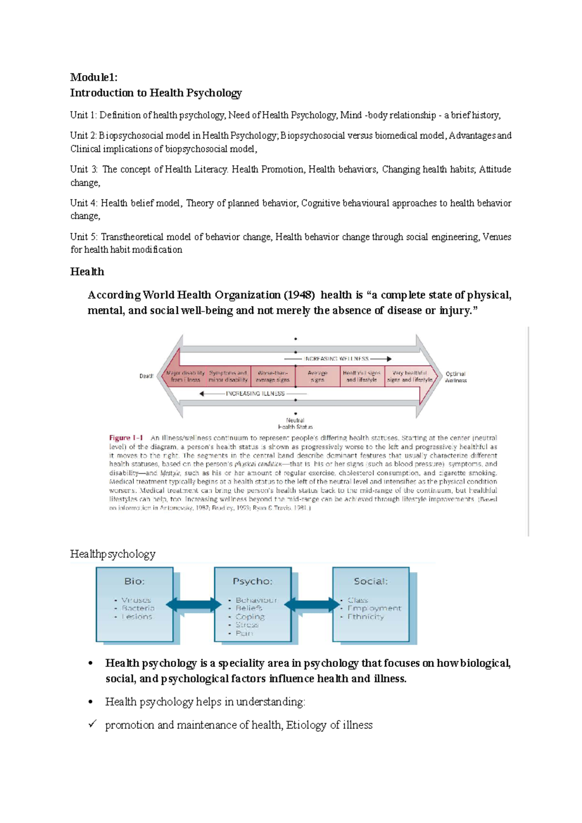 Mod 1: Intro to Health Psychology - Key Concepts & Models - Studocu