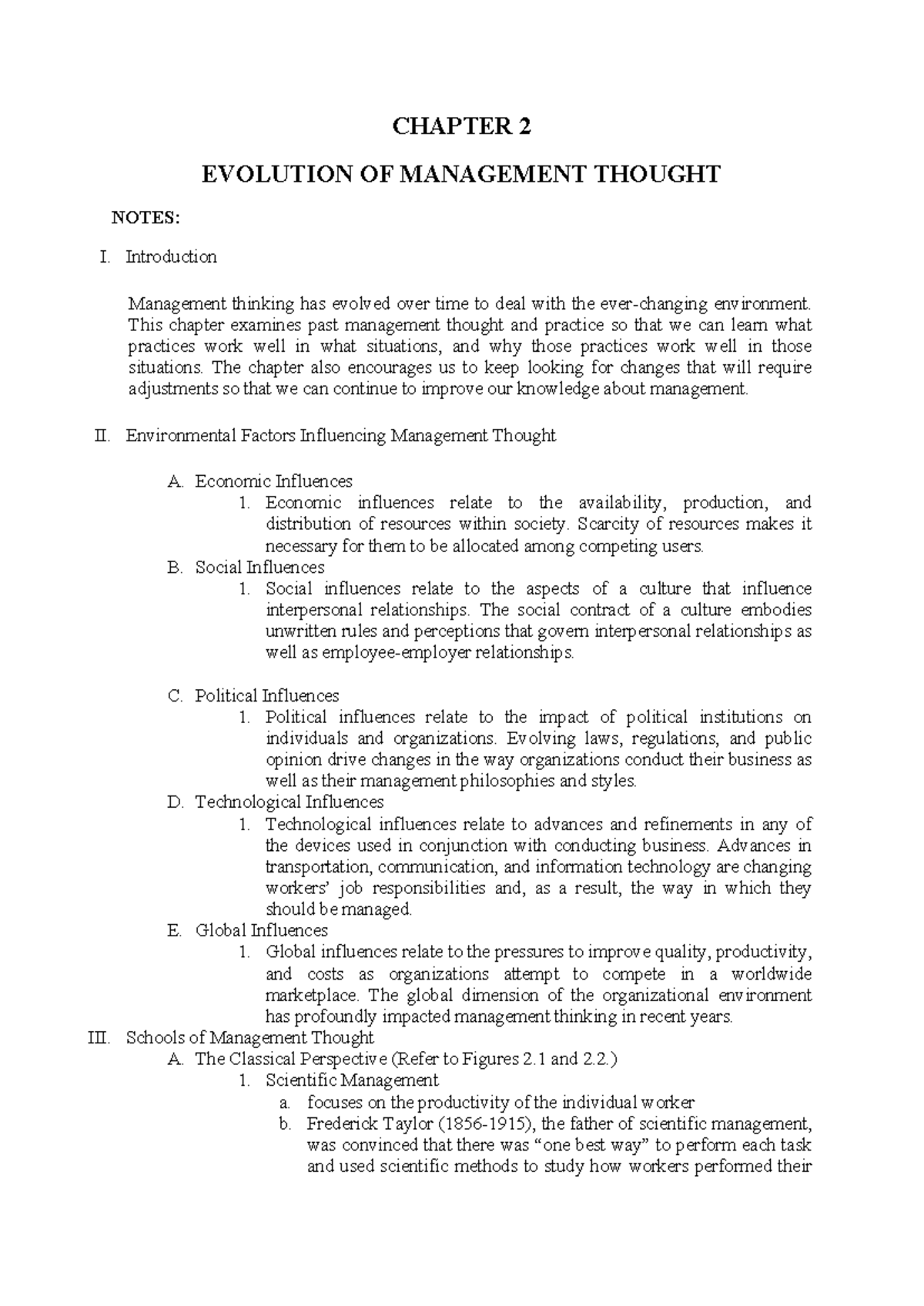 Chapter 2: The Evolution of Management Thought and Its Influences - Studocu