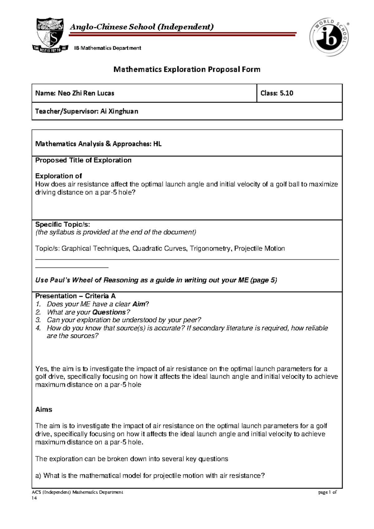 Mathematics Exploration Proposal: Impact of Air Resistance on Golf ...