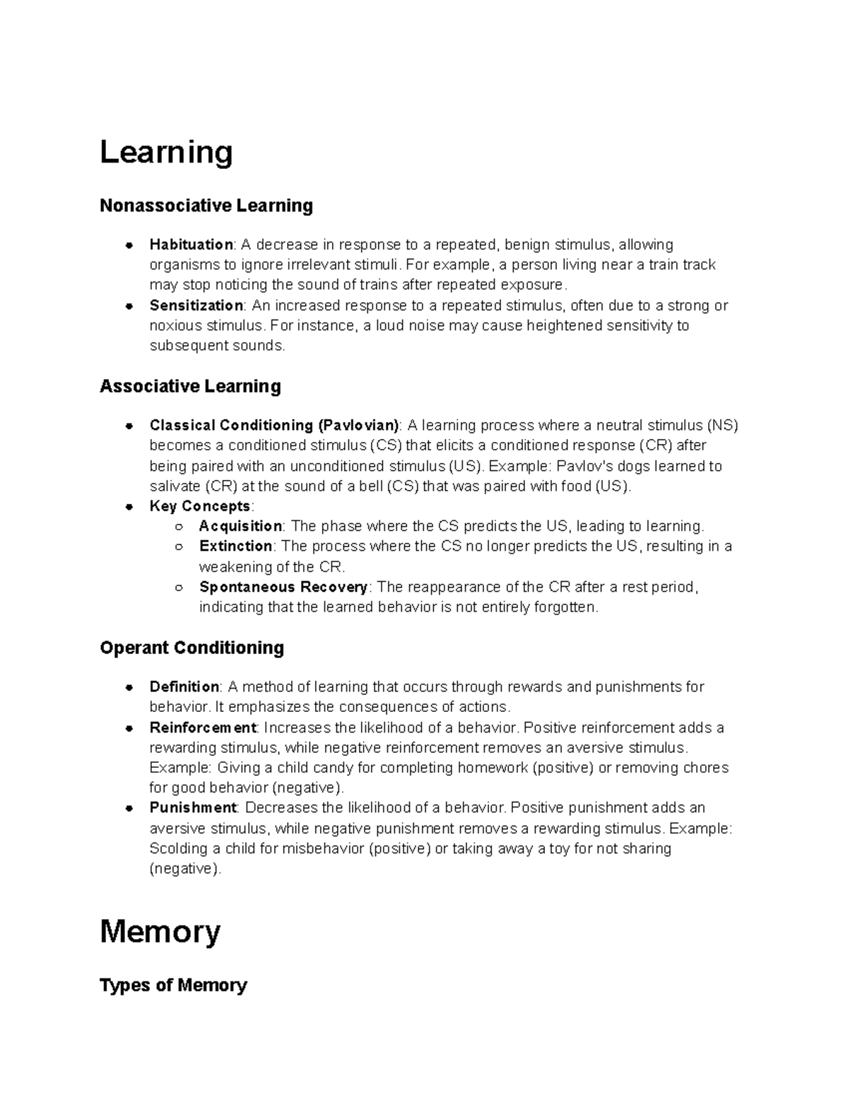 Psychology 101: Learning and Memory Overview - Studocu