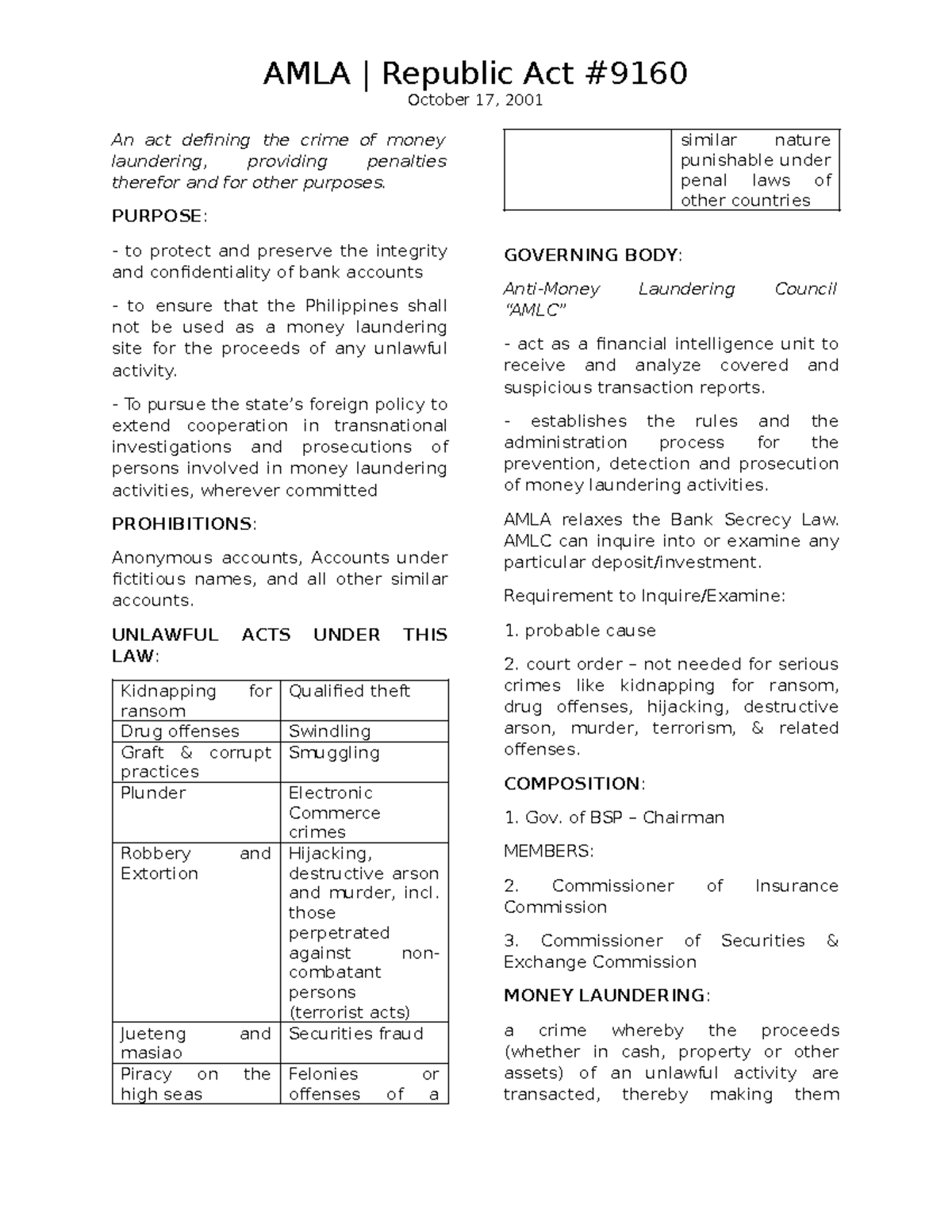 AMLA RA 9160: Understanding the Money Laundering Act of 2001 - Studocu