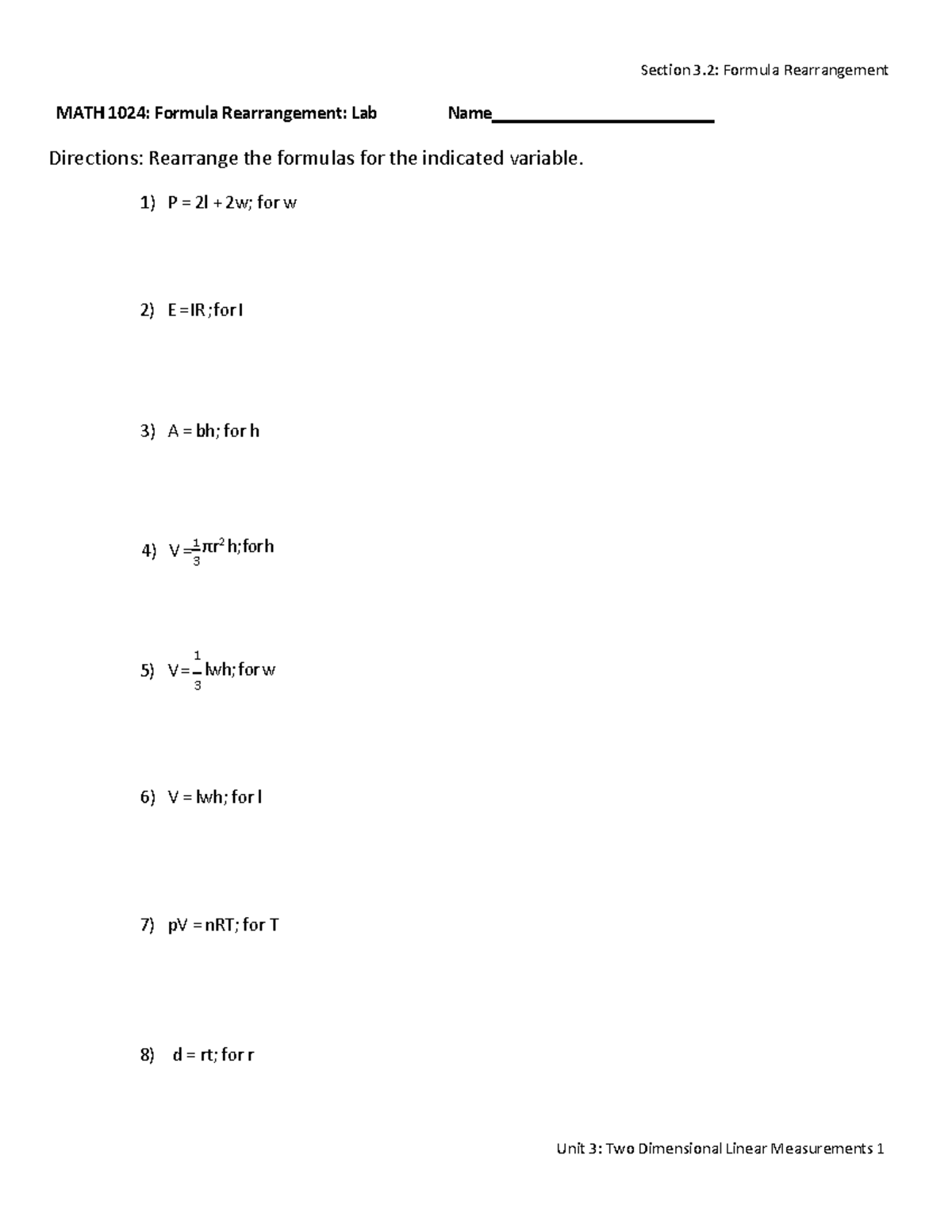 MATH 1024: Section 3.2 Formula Rearrangement Lab Notes - Studocu