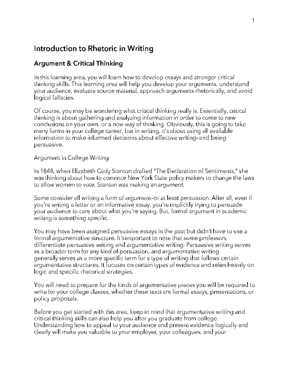 Introduction to Rhetoric and Writing: Argument & Critical Thinking ...