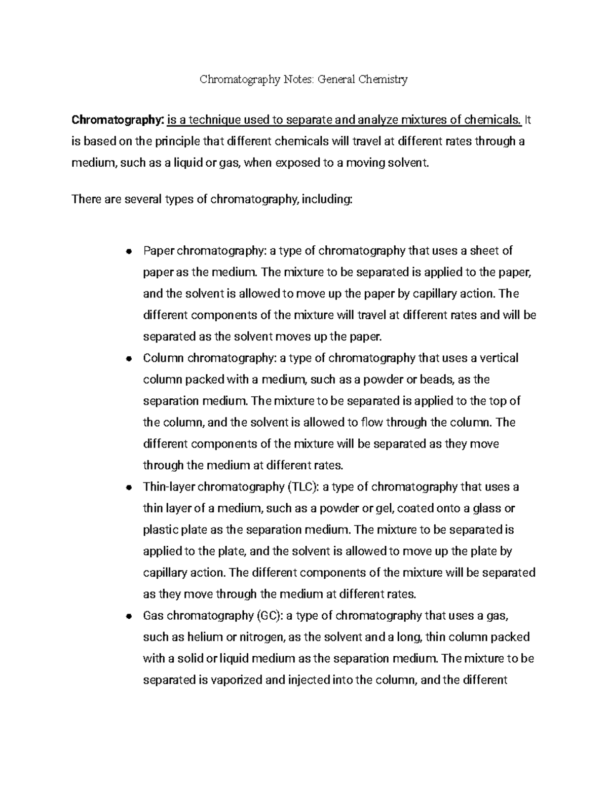 Chromatography notes - It is based on the principle that different ...