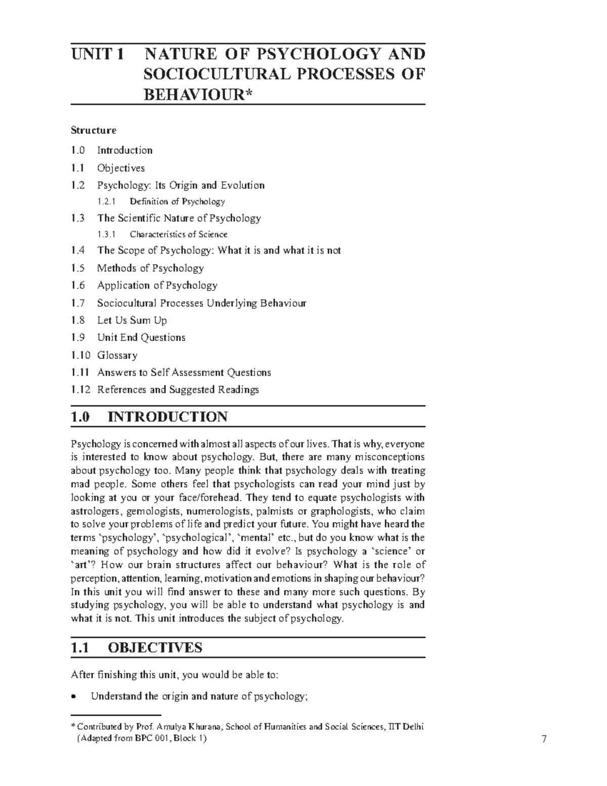 Unit-1 - Notes of BPCC101 first unit - Nature of Psychology and ...