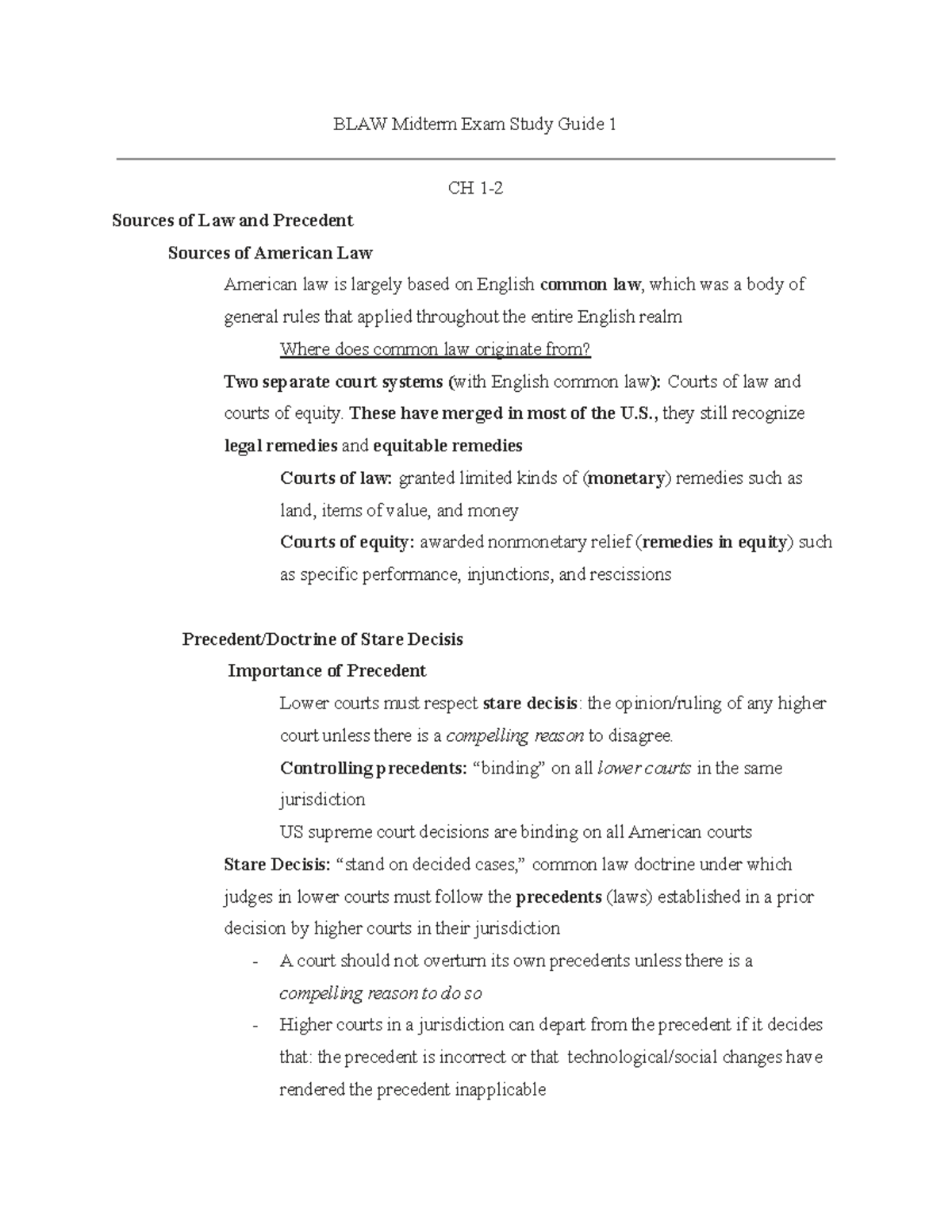BLAW Midterm 1 Study Guide - BLAW Midterm Exam Study Guide 1 CH 1 ...