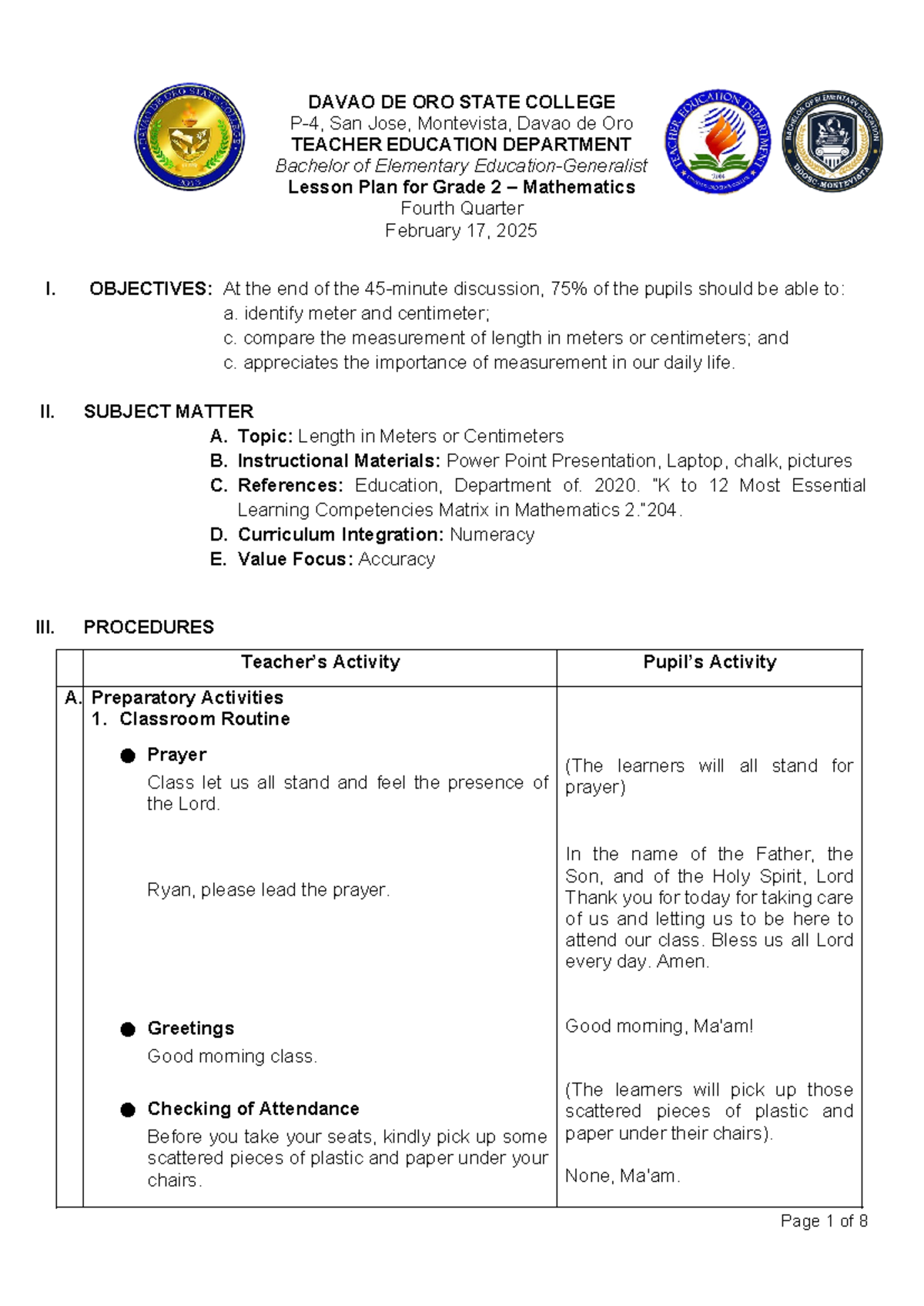 DLP MATH2 W2 D1 - Grade 2 Mathematics Lesson Plan on Length - Studocu