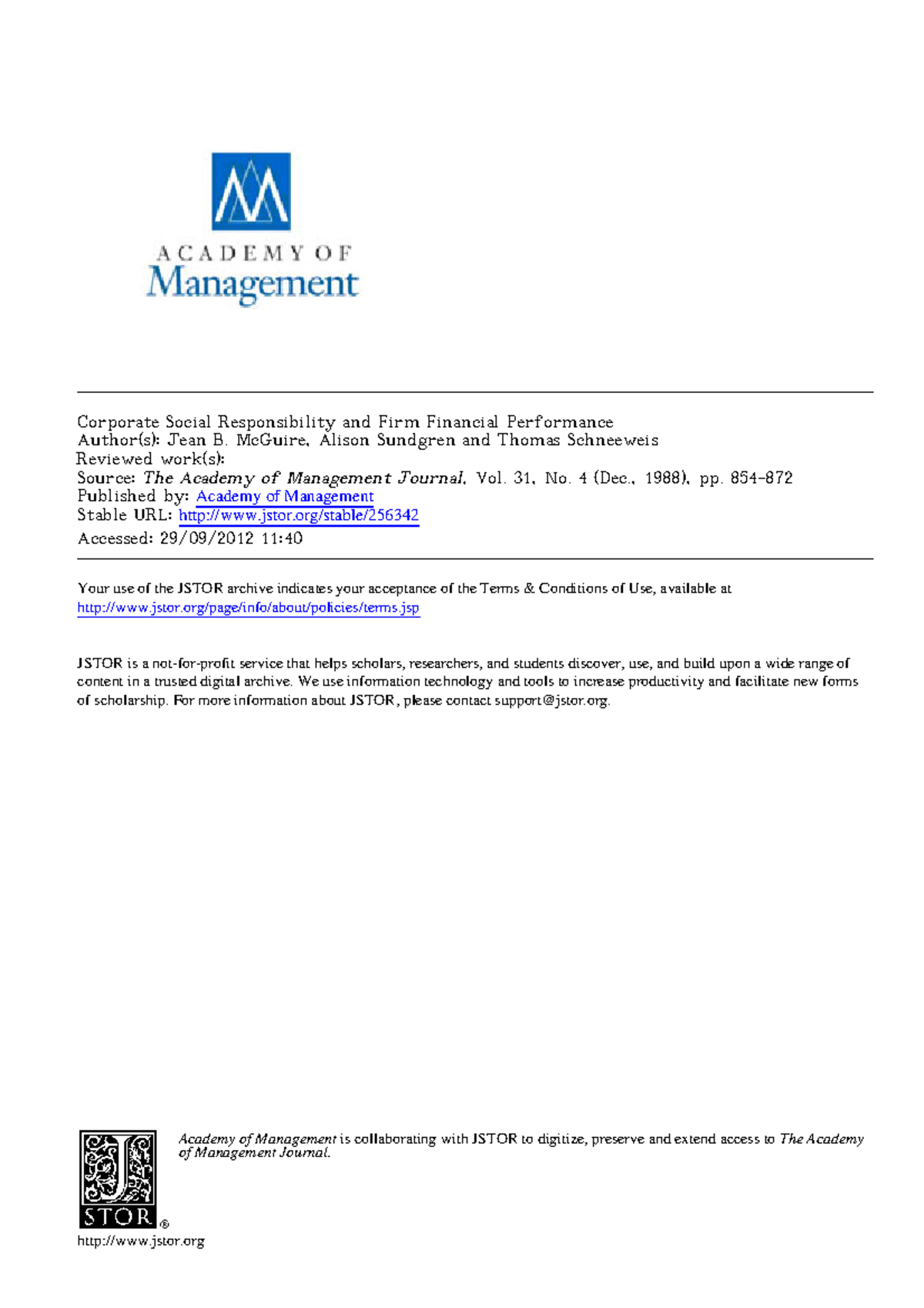 Corporate Social Responsibility and Financial Performance (MGT 431 ...