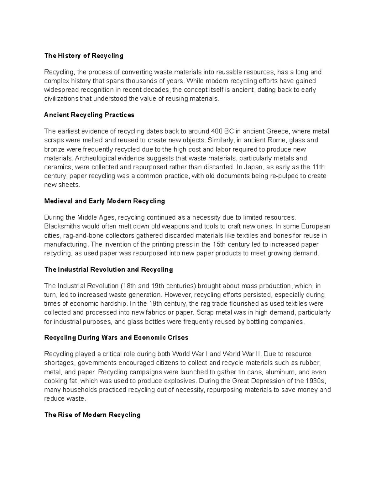 Recycling History notes - The History of Recycling Recycling, the ...