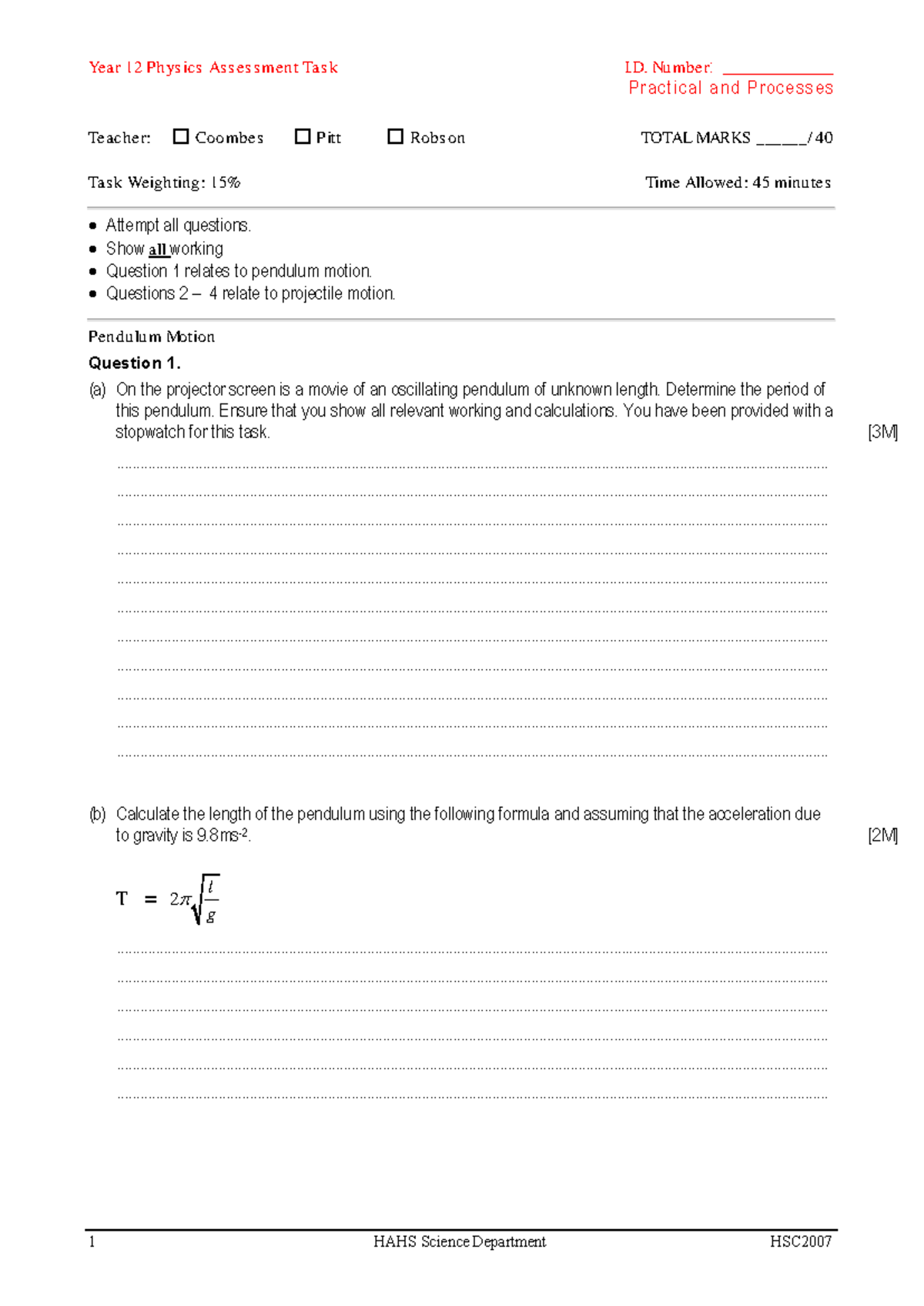 Year 12 Physics HSC2007 Assessment Task: Pendulum & Projectile Motion ...