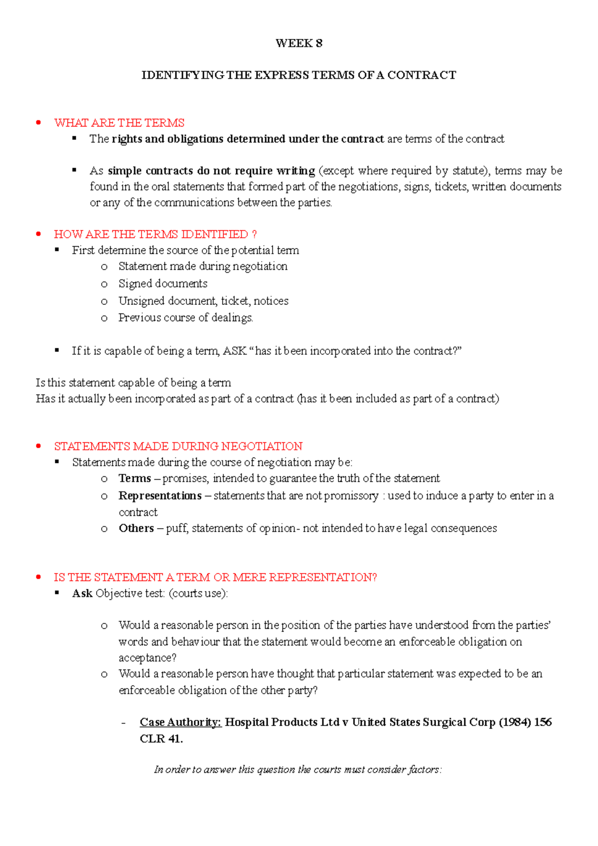 Contract Law 1 Exam notes - WEEK 8 IDENTIFYING THE EXPRESS TERMS OF A ...
