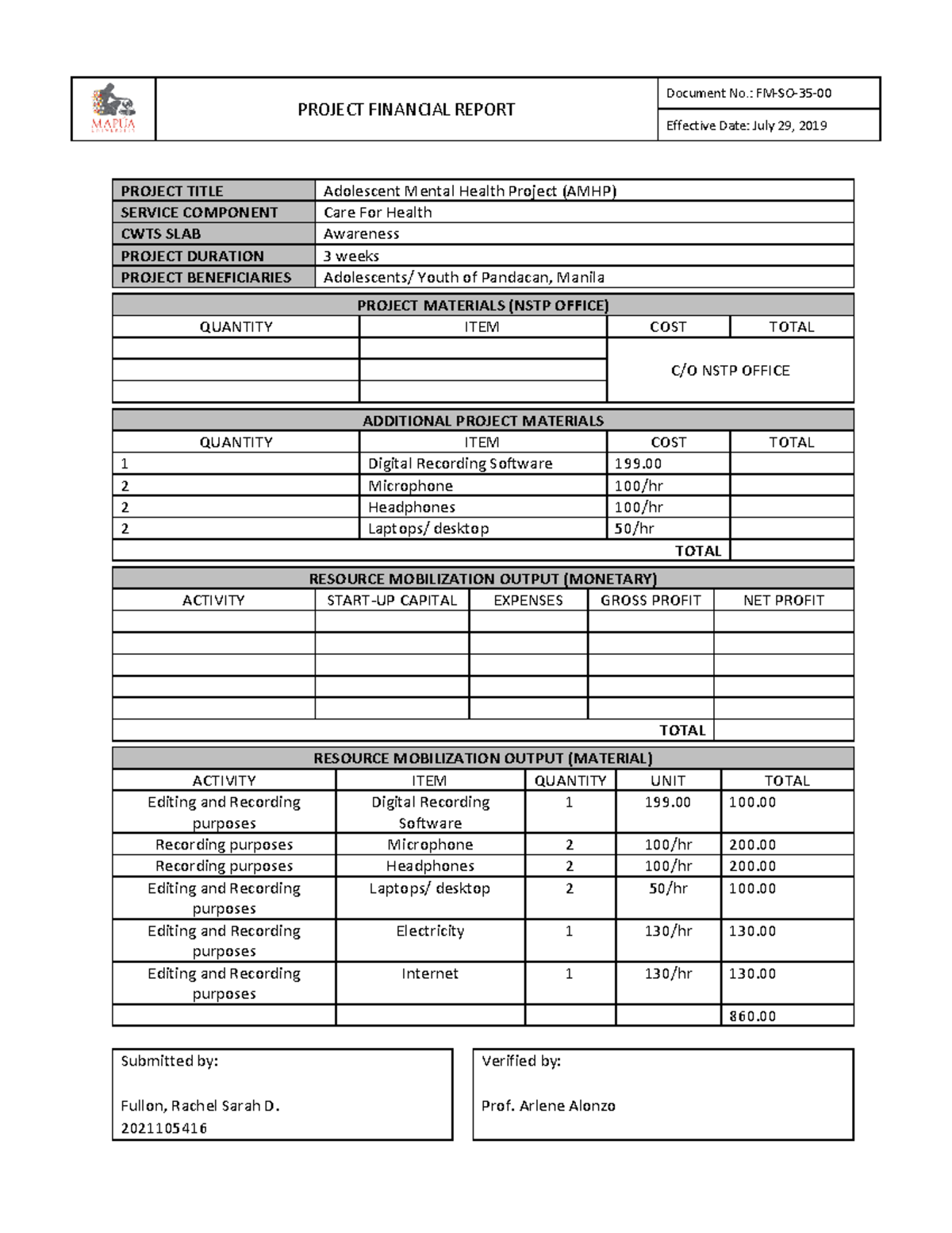 Adolescent Mental Health Project Financial Report (CWTS) - Studocu