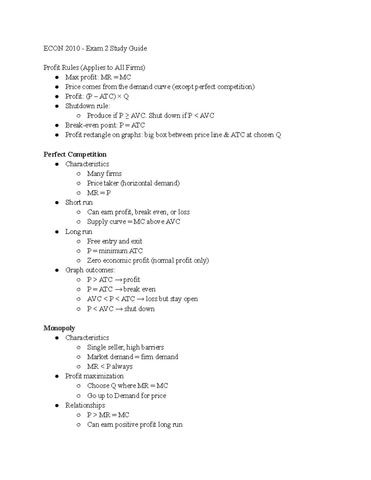 ECON 2010 - Exam 2 Study Guide: Profit Rules & Market Structures - Studocu