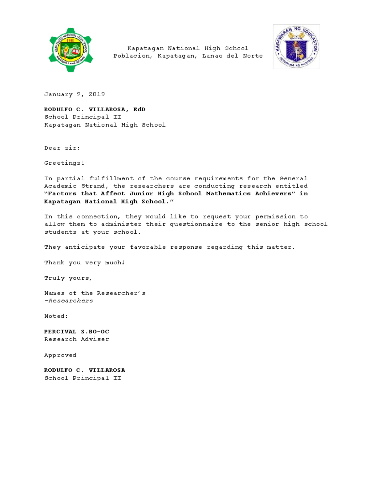 PR Request Letter for Research on Junior High Math Achievers - Studocu