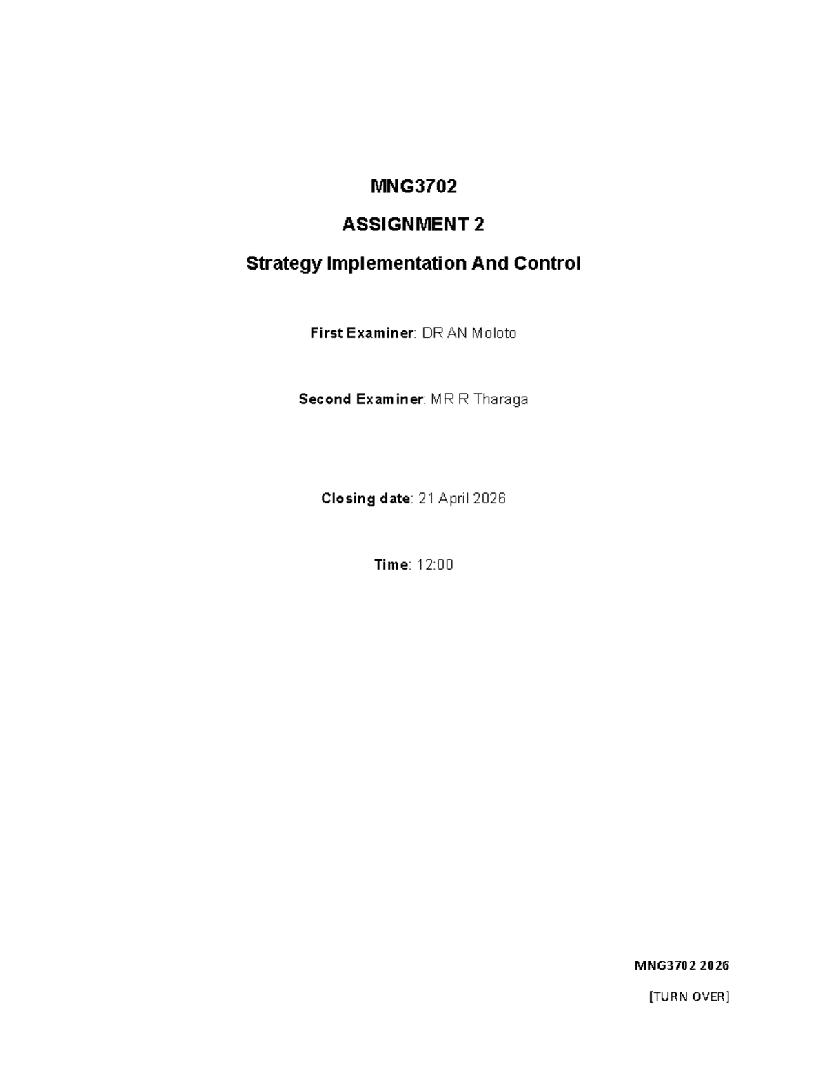 MNG3702 ASSIGNMENT 2: Strategy Implementation & Control Analysis - Studocu