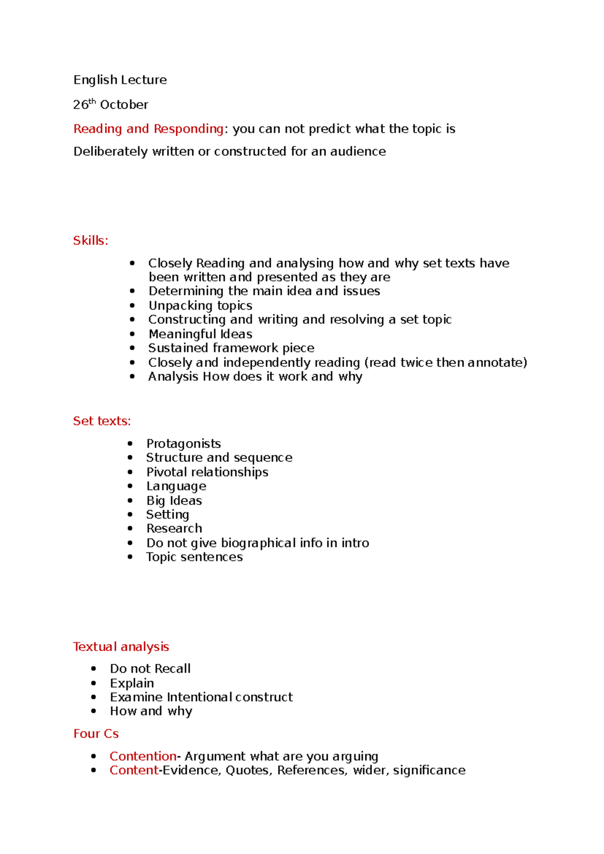 English Lecture Notes: Reading & Responding to Texts (26 Oct) - Studocu