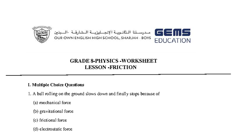 Friction - Worksheet 251024 for Lesson on Forces and Motion - Studocu
