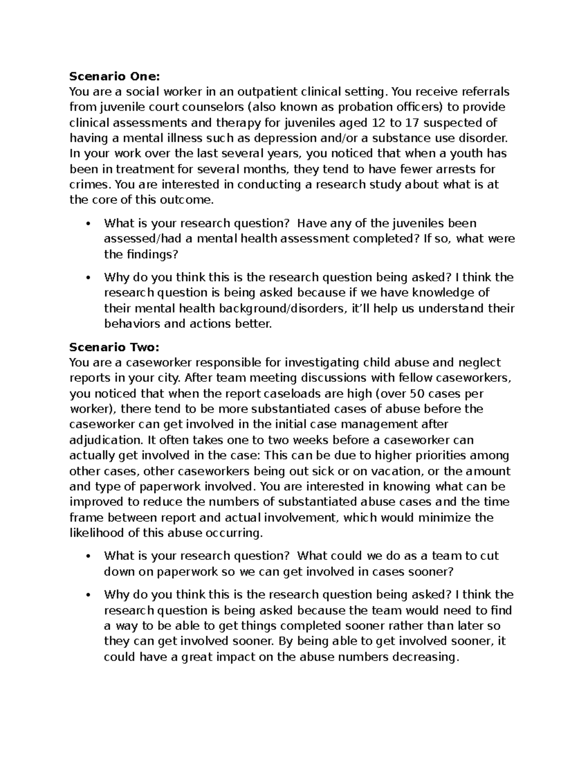 Research Questions for Social Work Scenarios: 2-1 Assignment - Studocu