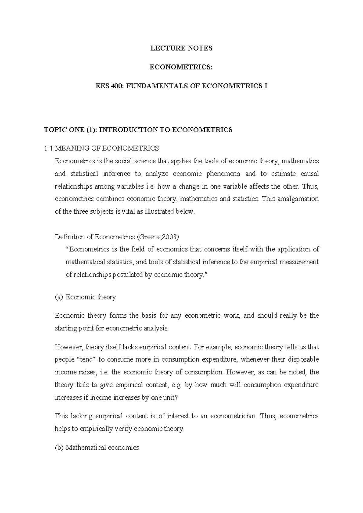 LECTURE NOTES: EES 400 - INTRODUCTION TO ECONOMETRICS I - Studocu