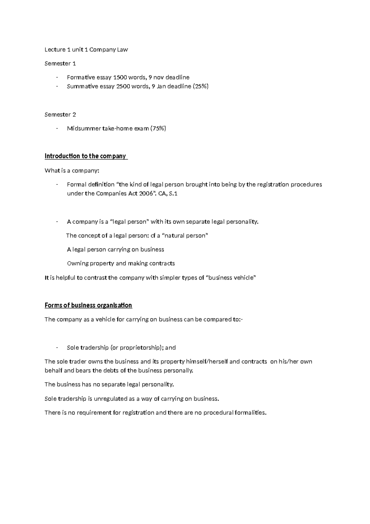 Lecture 1: Introduction to Company Law - Unit 1 Overview - Studocu
