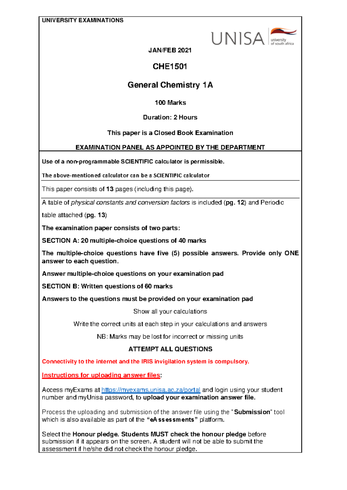 CHE1501 2021 General Chemistry 1A Past Exam Paper - Studocu