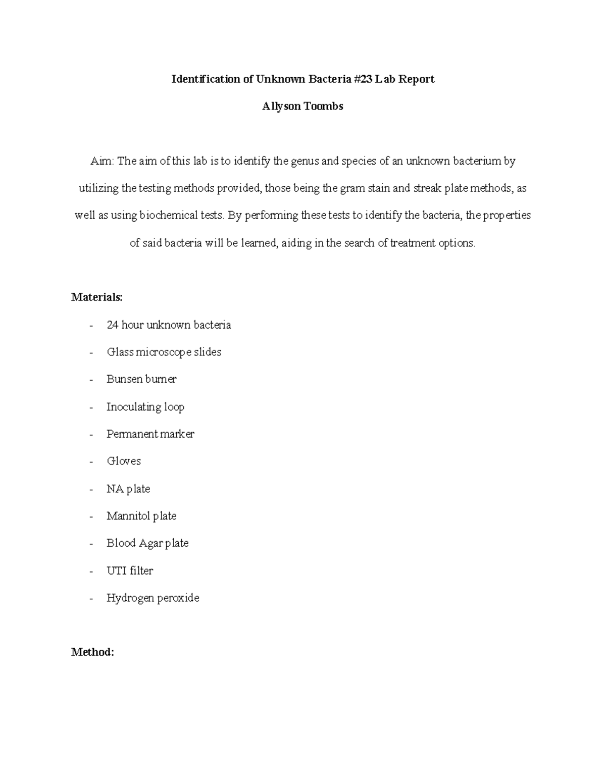 Identification of Unknown Bacteria #23: Formal Lab Report on Tests ...