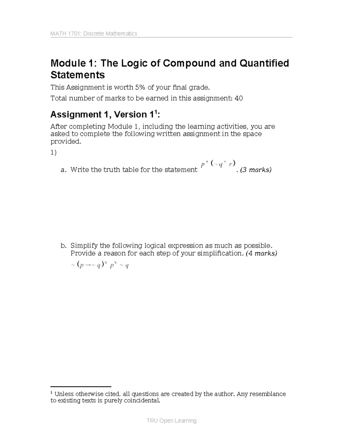 MATH 1701 A1a - Discrete Math Assignment 1: Logic & Statements - Studocu