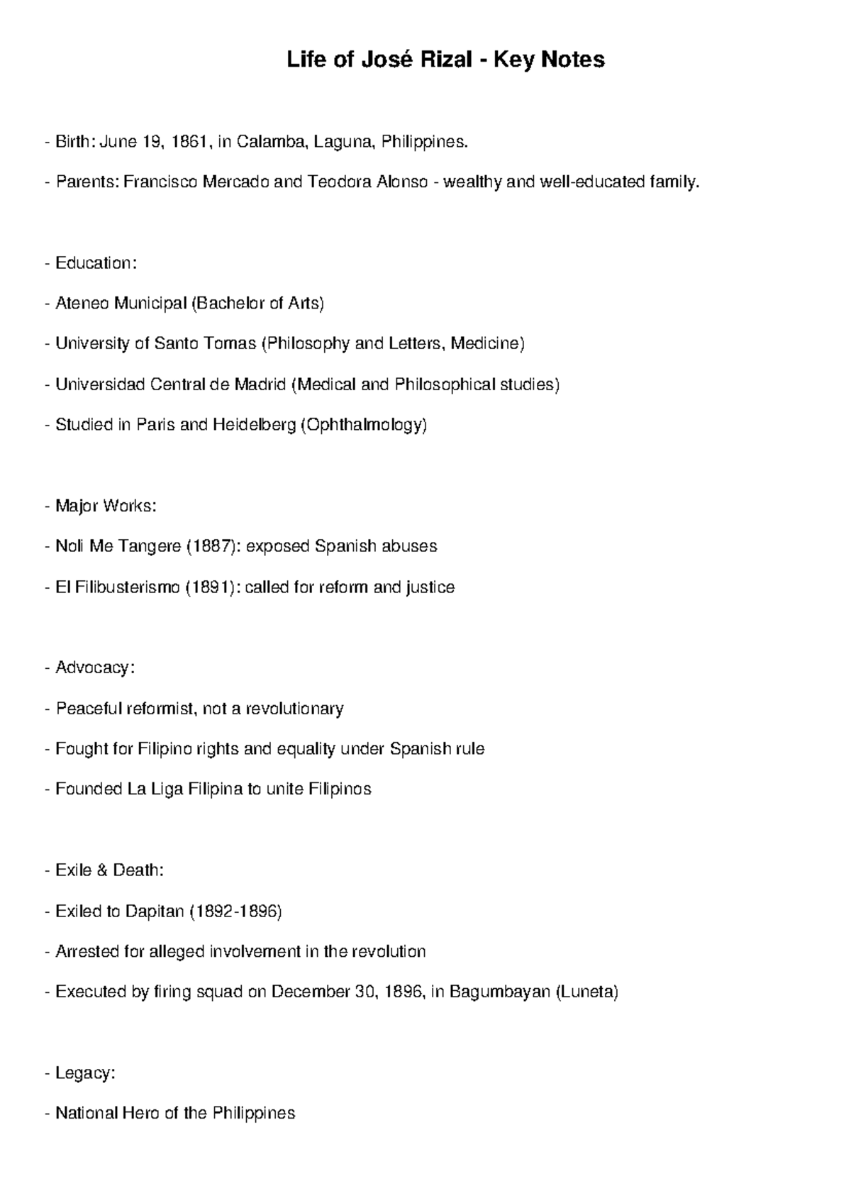José Rizal: Key Notes on His Life and Legacy (Final Exam) - Studocu