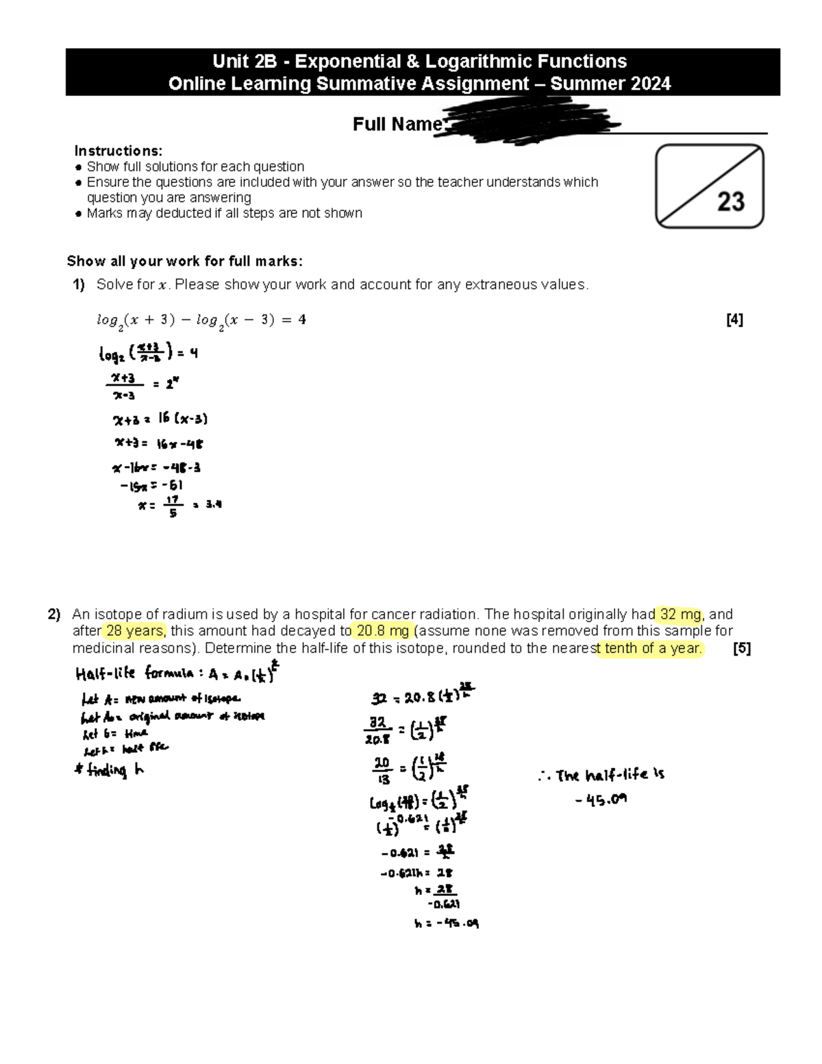Unit 2B Logarithmic & Exponential Functions Test - Summer 2024 - Studocu