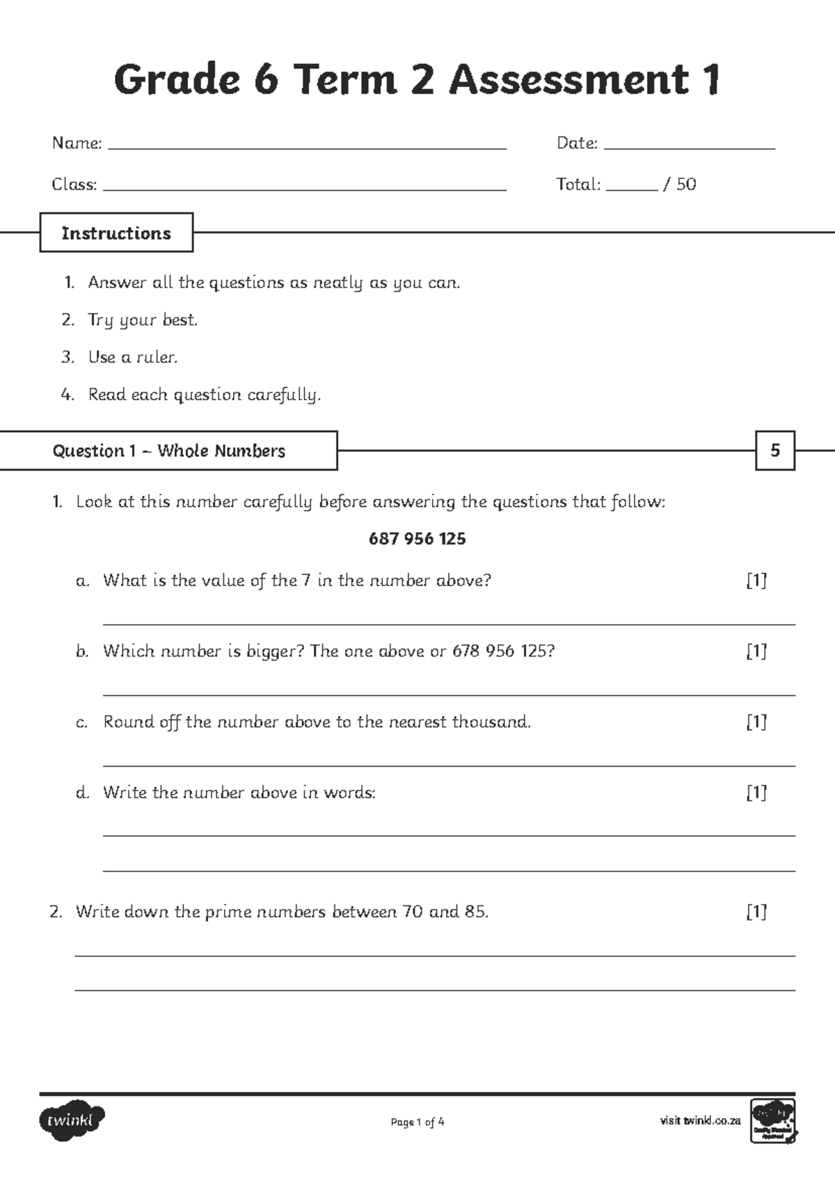 Grade 6 Term 2 Assessment 1: Maths Questions & Memo - Studocu