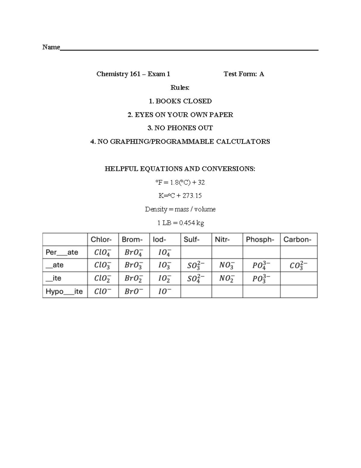 CHEM 161 - Exam 1 Test Form A: Study Guide & Practice Questions - Studocu