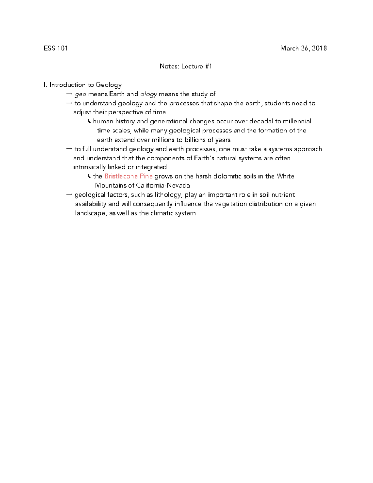 ESS 101 Lecture Notes - Notes: Lecture #1 I. Introduction to Geology → ...