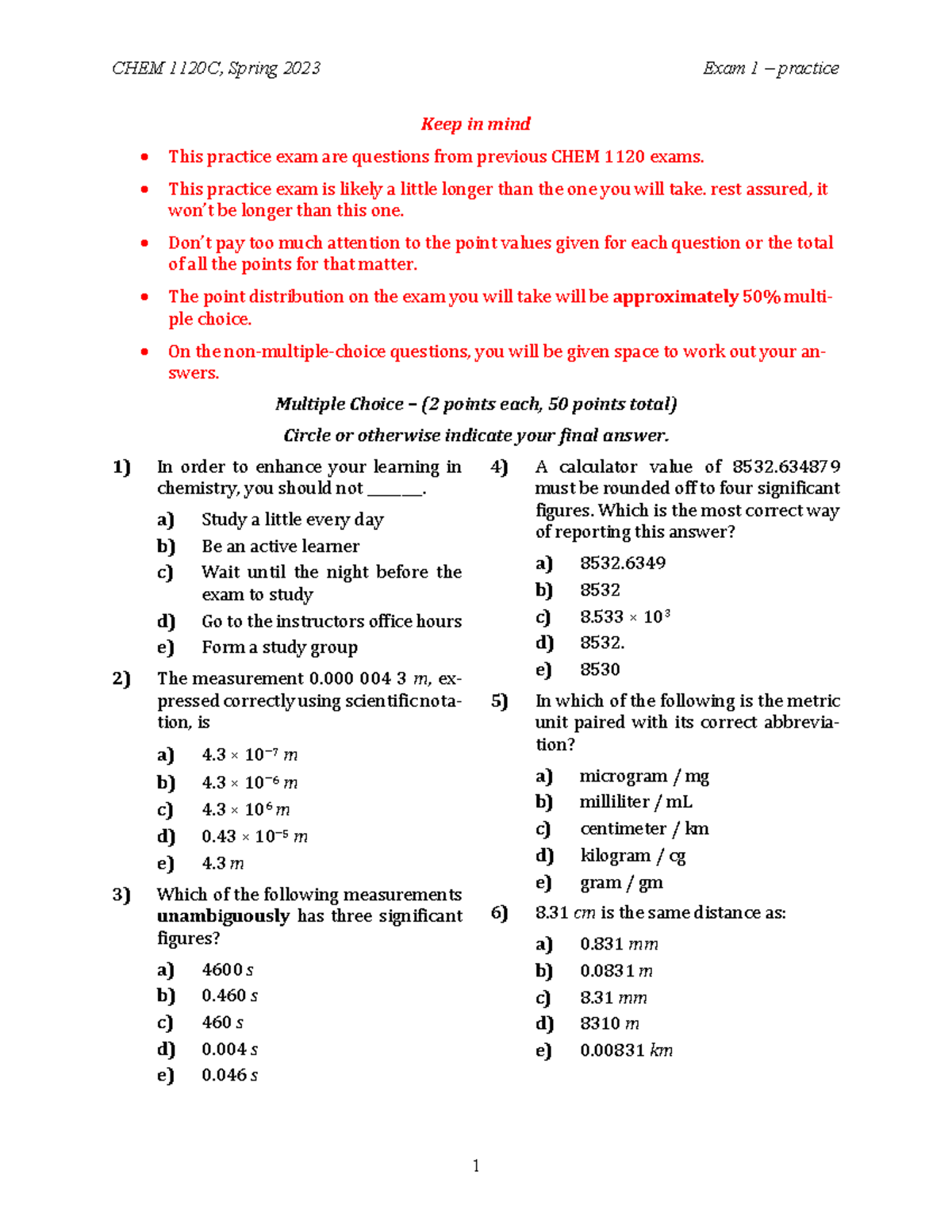 CHEM 1120C Spring 2023 Exam 1 Review Practice Questions - Studocu