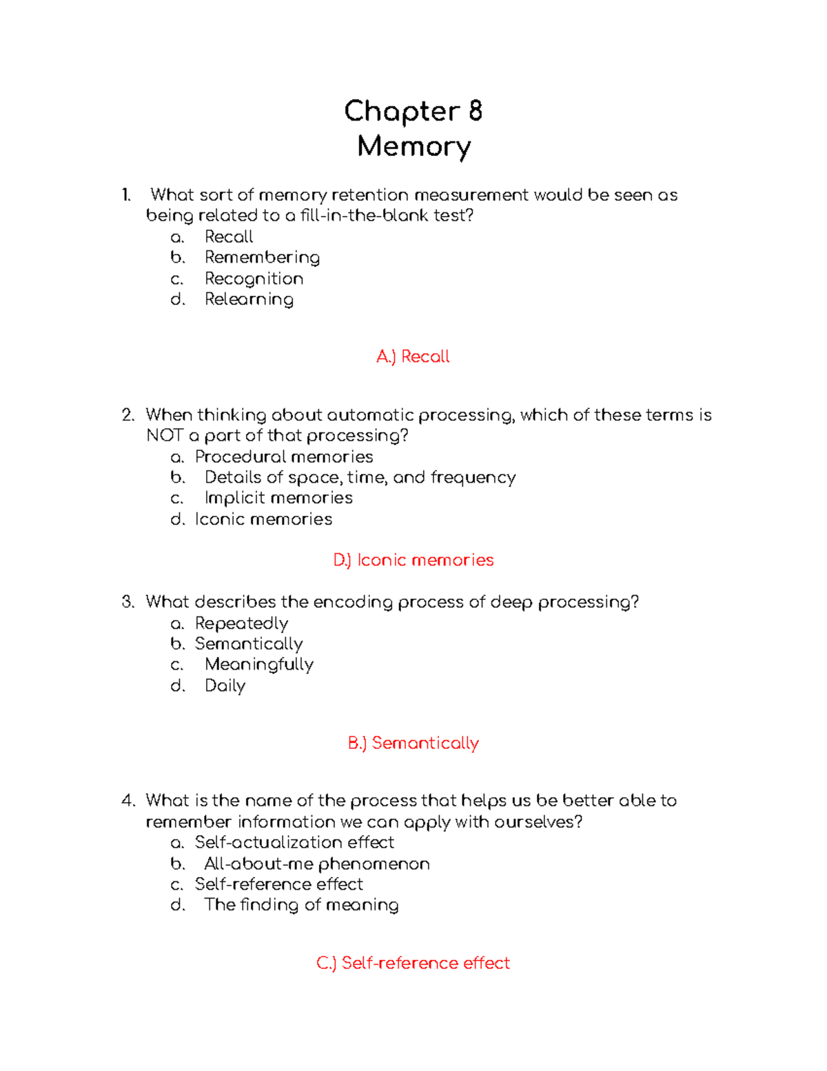 PSY 101 Chapter 8 Memory Quiz Study Guide - Studocu