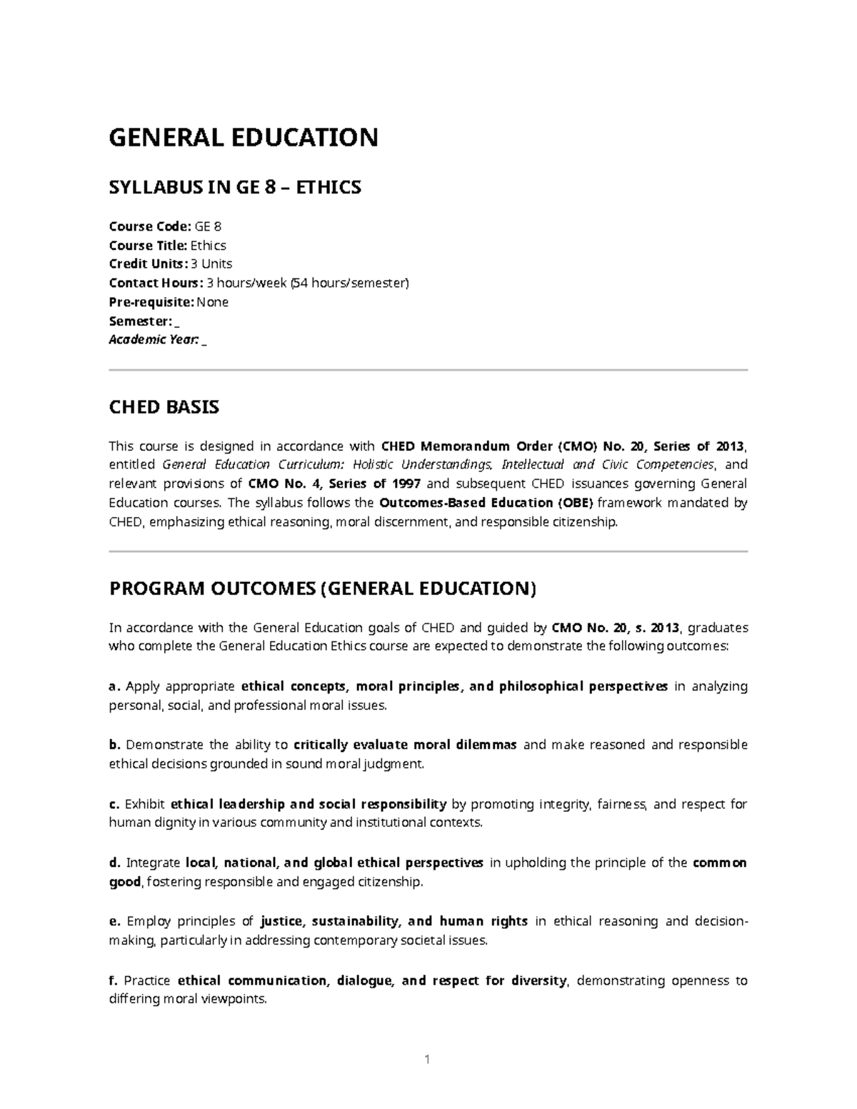 GE 8 Ethics Syllabus: Course Overview and Learning Outcomes - Studocu